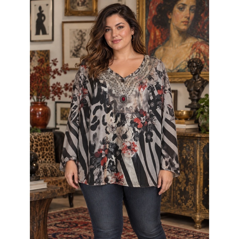 B.L.E.U. Tunic Top Women XL Gray Floral Striped Beaded Boho Mixed Media